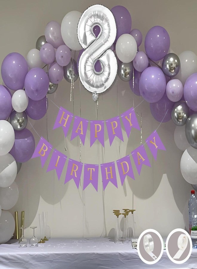 Flyloons 8th Birthday Decoration Items Purple and White Theme Combination for Boys Girls Kids | 30 Pcs Purple White Silver Color Balloons | Purple Happy Birthday Banner | Arch Tape | Glue Dots - Image 1